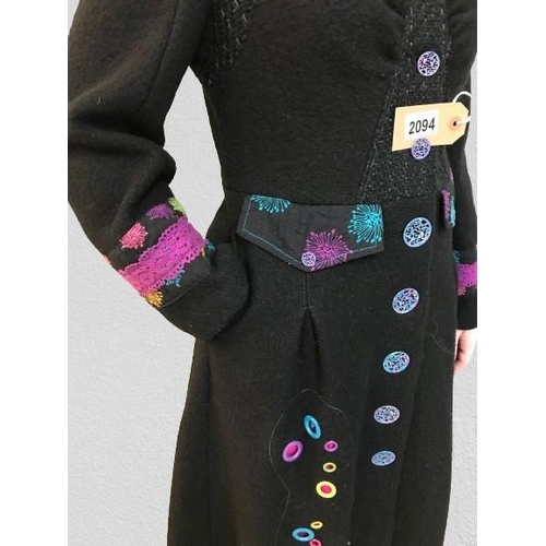 2094 - Designer all beautiful full length wool blend coat, embroidered to front and back, size 38/10