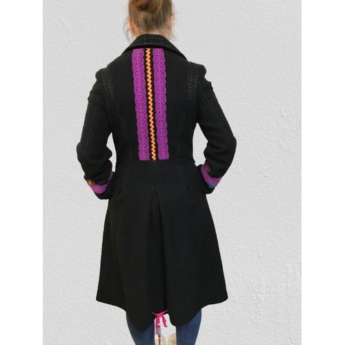 2094 - Designer all beautiful full length wool blend coat, embroidered to front and back, size 38/10