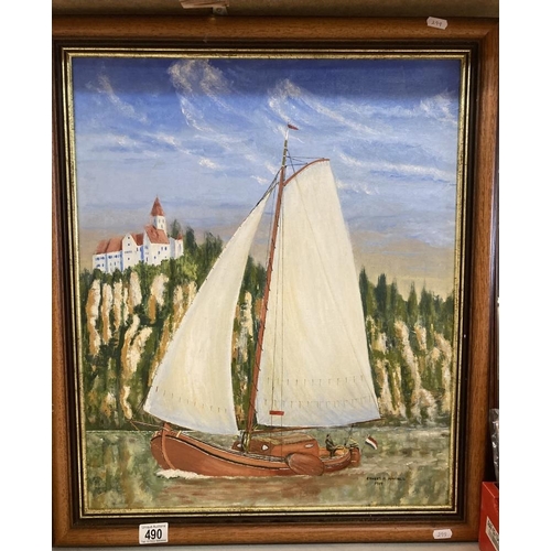 490 - A large oil on board of a Sailing Ship, signed Ernest Makins