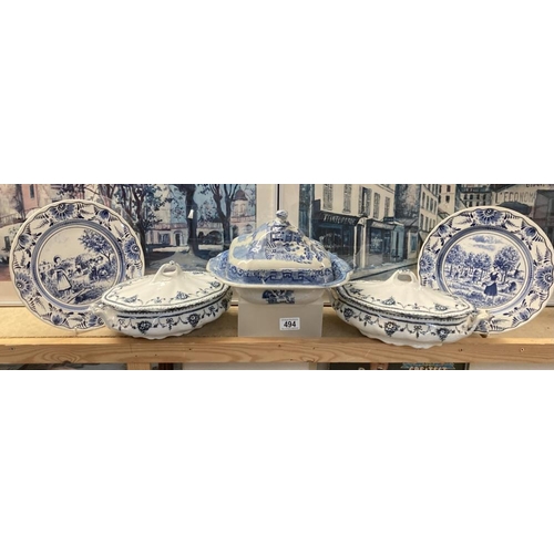 494 - A quantity of Blue and white including tureens