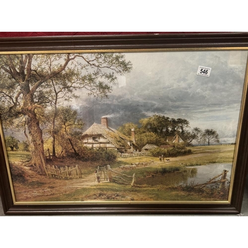 546 - A large framed & glazed print of a period thatched cottage scene