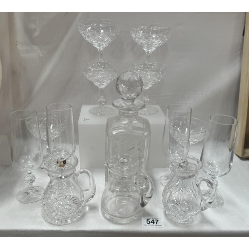 547 - A good lot of crystal dessert dishes, decanter, small lidded jugs etc