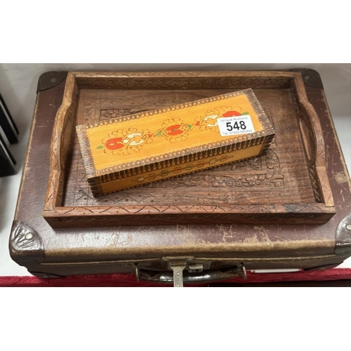 548 - A small vintage suitcase, wooden tray & ornate pencil box