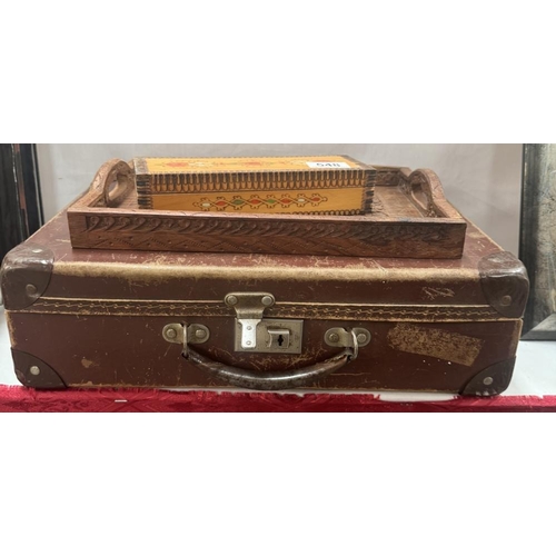 548 - A small vintage suitcase, wooden tray & ornate pencil box