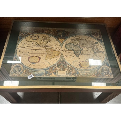 554 - A mid century glazed brass banded map table 92 x 70 cm 36cm high. COLLECT ONLY