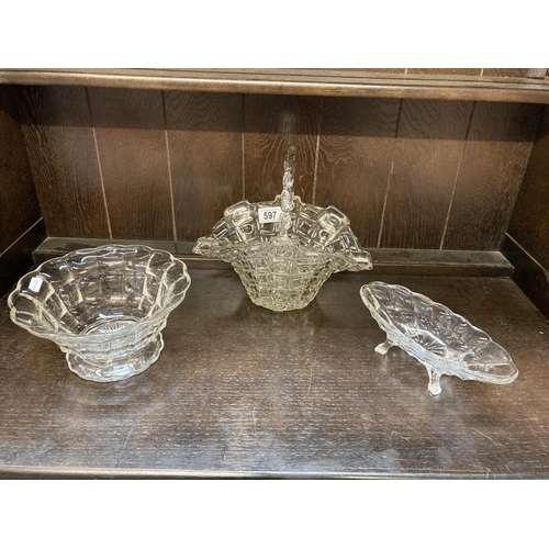 597 - A lovely glass bowl with handle, a fruit bowl & shallow dish