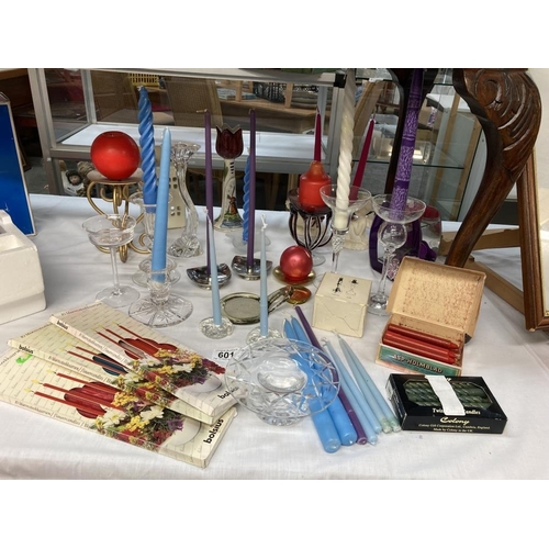 601 - A varied selection of candles & candle holders