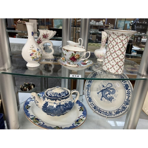 614 - 2 Shelves of mixed China including Royal Albert, Old Country Rose cup & saucers, Chinese plate etc