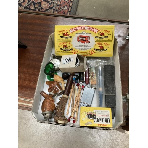 646 - A mixed lot including old pipe, pen knives, matchbox cars etc