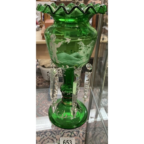 653 - A green glass lustre (white painted decoration & 1 A/F dropper)