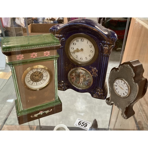 659 - 3 Mantel clocks, 2 being porcelain