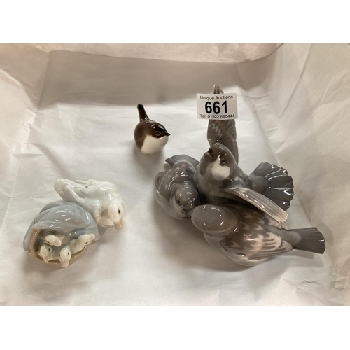 661 - 3 Bird figurines including Lladro Swans, Russian esque wren etc