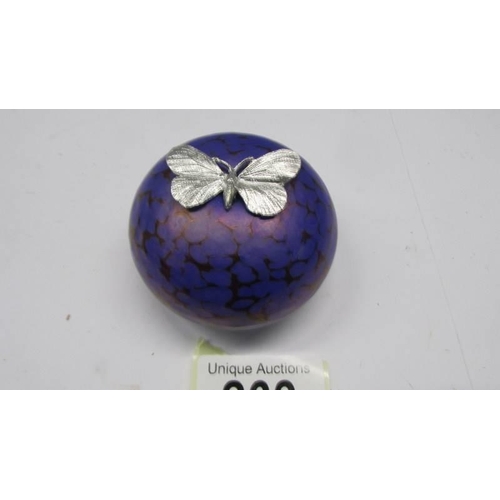 263 - An iridescent paperweight with silver butterfly by K. Heaton, signed, Height 4.5cm Diameter 6cm