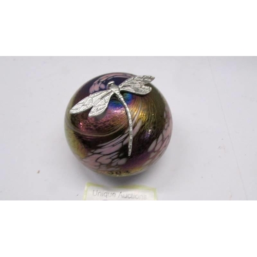 264 - An iridescent paperweight by K. Heaton with silver dragon fly, signed. Height 4.5cm Diameter 6cm