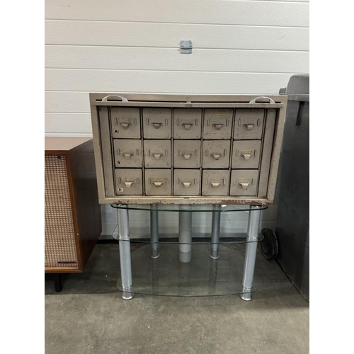 839 - A 15-drawer metal storage cabinet with lift & slide lockable outside door (No key) 77 x 42 x 47cm