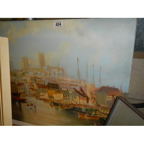 404 - A painting on canvas of Lincoln Cathedral from the Brayford, COLLECT ONLY.