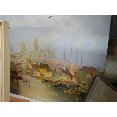 404 - A painting on canvas of Lincoln Cathedral from the Brayford, COLLECT ONLY.