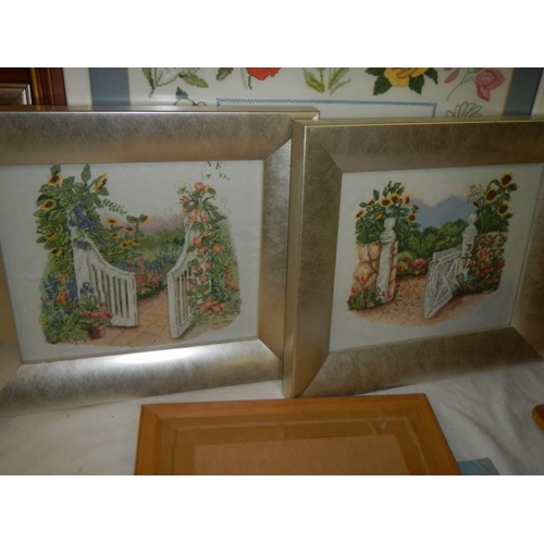 412 - Five framed and glazed cross stitch pictures. COLLECT ONLY.