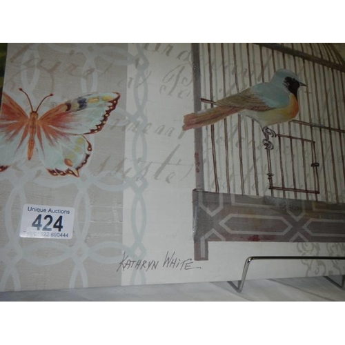 424 - A bird painting on canvas featuring a bird signed Kathryn White. COLLECT ONLY.