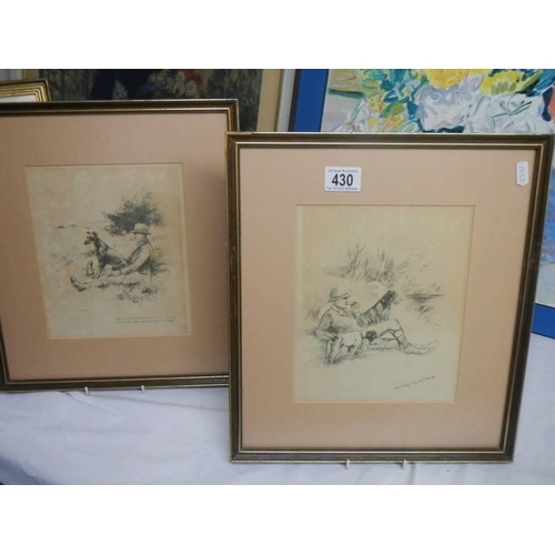 430 - Two framed and glazed pencil drawings, 'Otter Hunting' and 'The Black Bitch', COLLECT ONLY.