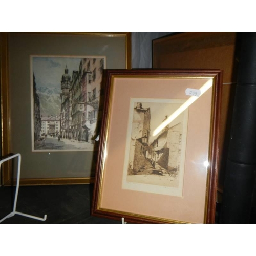 445 - Four framed and glazed prints including street scenes, 'The waters' etc., COLLECT ONLY.