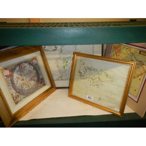 453 - Four framed and glazed maps and one other including Nottinghamshire, The Falklands etc., COLLECT ONL... 