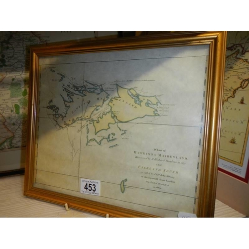 453 - Four framed and glazed maps and one other including Nottinghamshire, The Falklands etc., COLLECT ONL... 