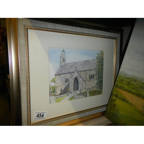 454 - Two oils on canvas, and oil on board and a framed & glazed watercolour rural scenes, COLLECT ONLY.