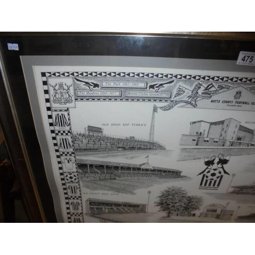 475 - A framed and glazed original line drawing picture of scenes from Notts County football club by Steph... 