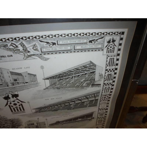 475 - A framed and glazed original line drawing picture of scenes from Notts County football club by Steph... 