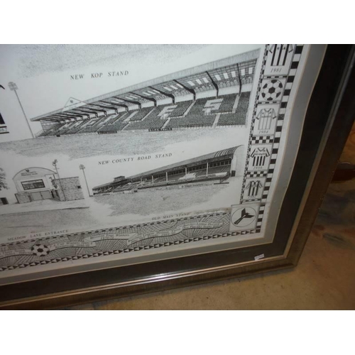 475 - A framed and glazed original line drawing picture of scenes from Notts County football club by Steph... 