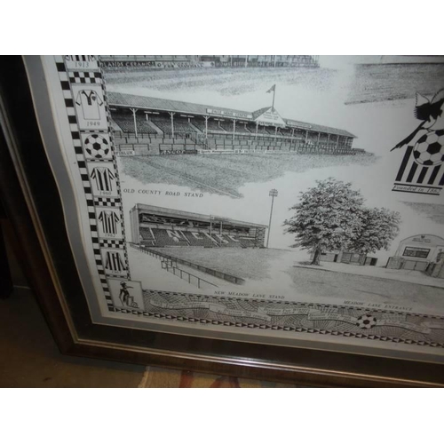 475 - A framed and glazed original line drawing picture of scenes from Notts County football club by Steph... 