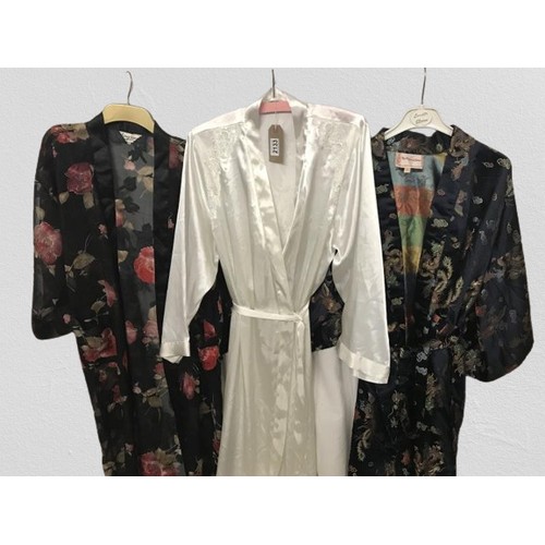 2133 - Three Robes. 1x Chinese robe with Oriental design,1x Chiffon with rose detailing & 1x White