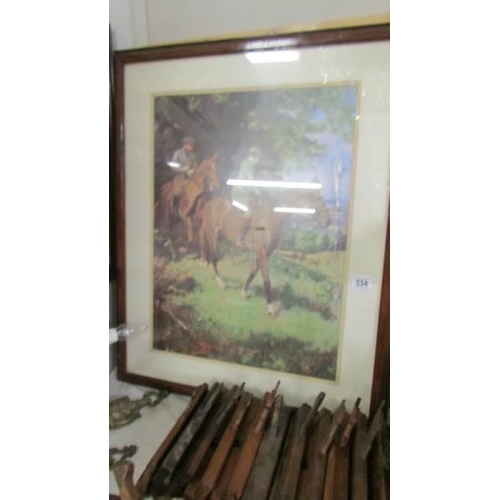 334 - A framed and glazed picture depicting horse riders and deer. COLLECT ONLY.