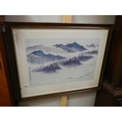 482 - A framed and glazed fishing boat study - No. 1639, Mystical Mountains by Linchia Li. COLLECT ONLY.