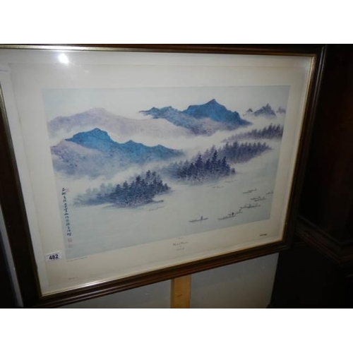 482 - A framed and glazed fishing boat study - No. 1639, Mystical Mountains by Linchia Li. COLLECT ONLY.