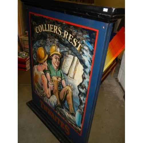 492 - A 1980'S double sided hand painted & signed Thwaites Brewery pictorial pub sign 'Collier's Rest' 120... 