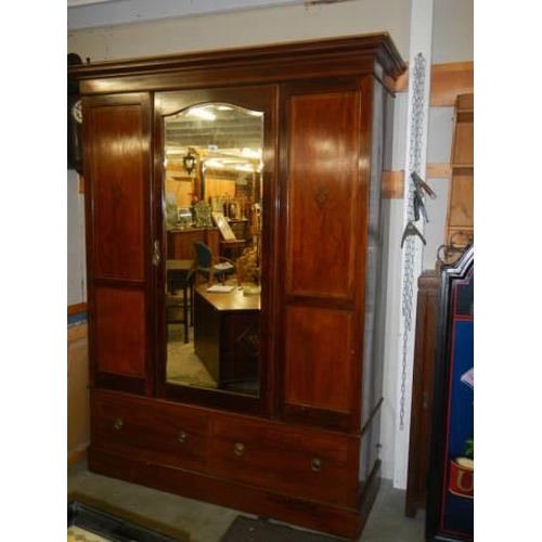 498 - A mahogany inlaid wardrobe with central mirrored door and two drawers, COLLECT ONLY.