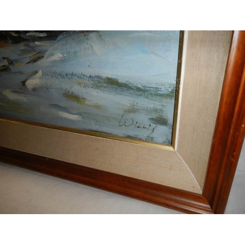 536 - An oil on canvas winter scene signed Willis, COLLECT ONLY.