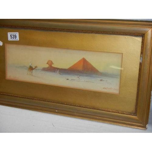 539 - A framed and glazed Egyptian scene in water-colour and an unframed similar scene, COLLECT ONLY.