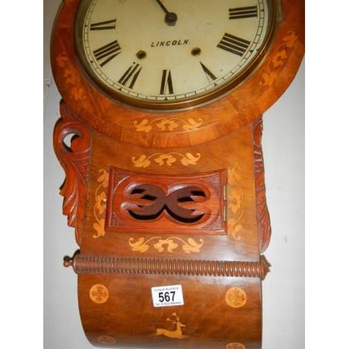 567 - A drop dial inlaid wall clock (striking spring a/f) COLLECT ONLY.