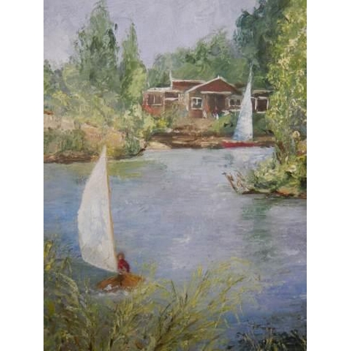 638 - An oil on board boating lake scene signed Gwen Davies.