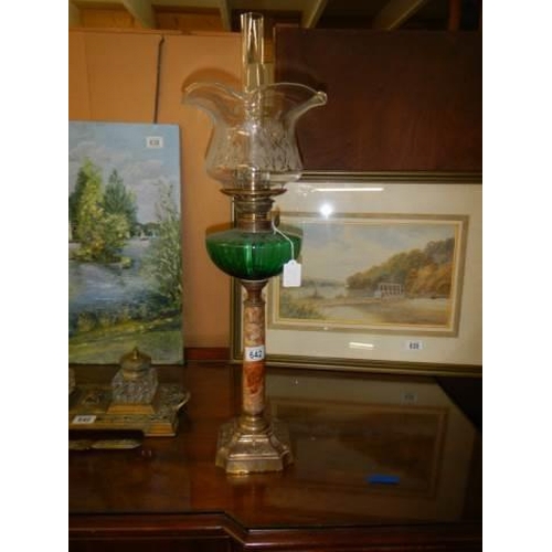 642 - A Victorian oil lamp on brass base with polished stone column and glass font, COLLECT ONLY.