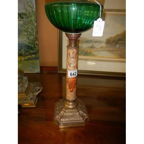 642 - A Victorian oil lamp on brass base with polished stone column and glass font, COLLECT ONLY.