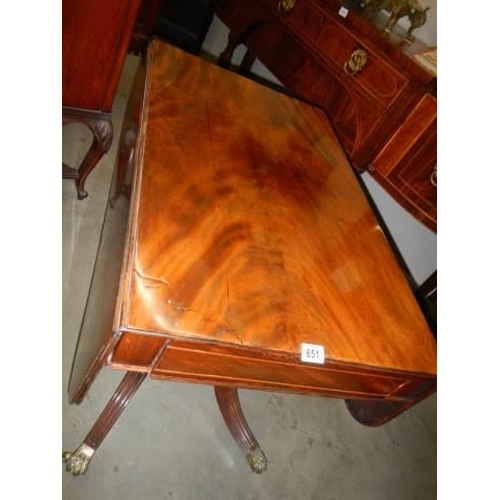 651 - A Victorian single pedestal mahogany Pembroke table with one drawer and brass castors, COLLECT ONLY.