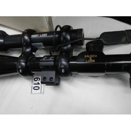 610 - A Bausch comb balvar rifle scope with a LS 55 laser sight with elevation, windage adjustment and ins... 