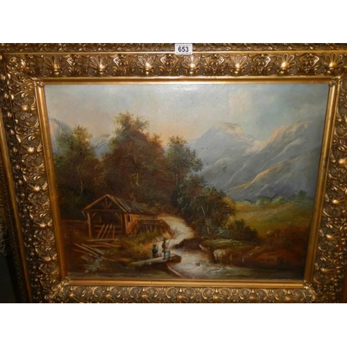 653 - An early 20th century unsigned oil on canvas a/f (small hole centre bottom) COLLECT ONLY.