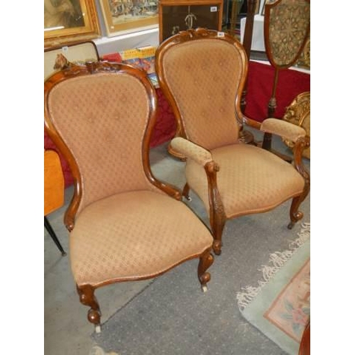 663 - A pair of mahogany framed ladies and gentleman's chairs, COLLECT ONLY.