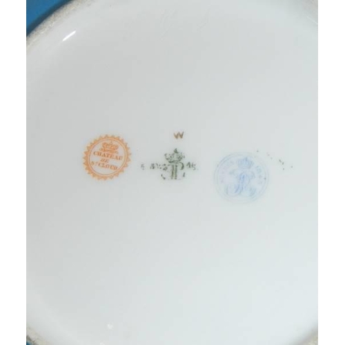 135 - A French porcelain monogrammmed plate a/f (chip to rim) and a smaller plaque.