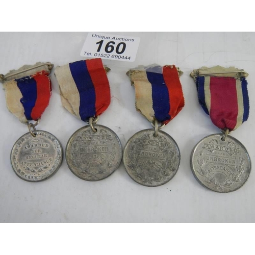 160 - Four County Council of Dorset 'For Unbroken Attendance' medals, 1914, 1915 and 2 x 1917.